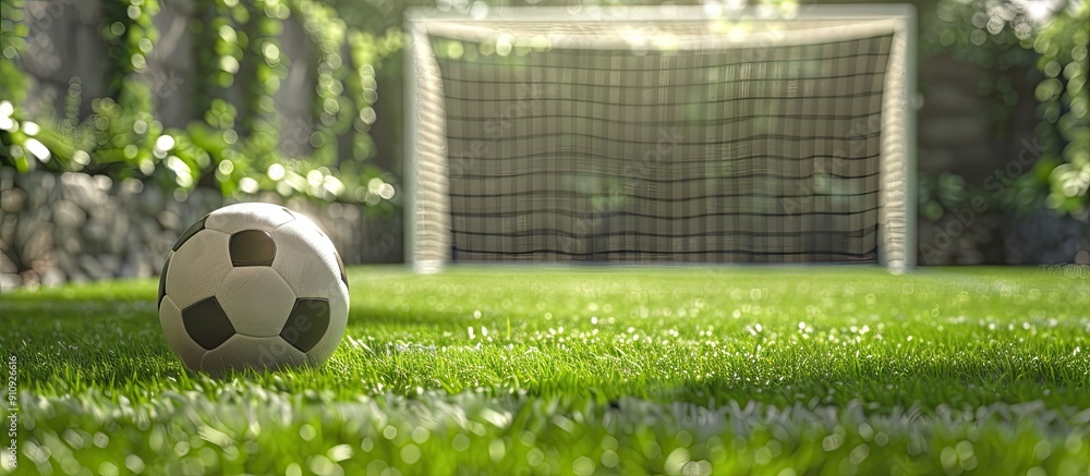 Poster mini football background for children with a soccer goal and ball on artificial turf with copy space