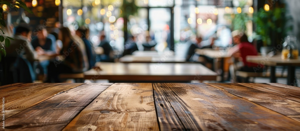 Poster copy space image of a wooden table top in a bustling cafe with a blurred background of people ideal 