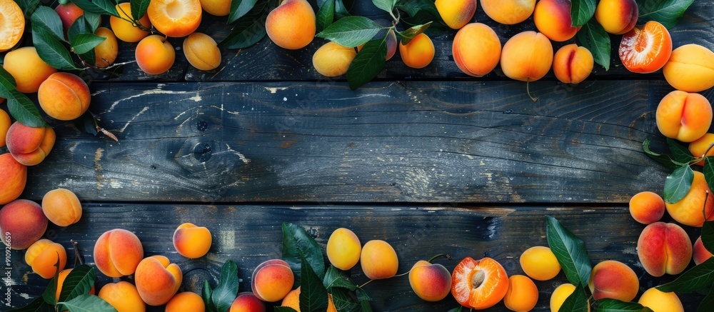 Poster fresh apricots displayed with leaves on a wooden surface providing copy space image along with other