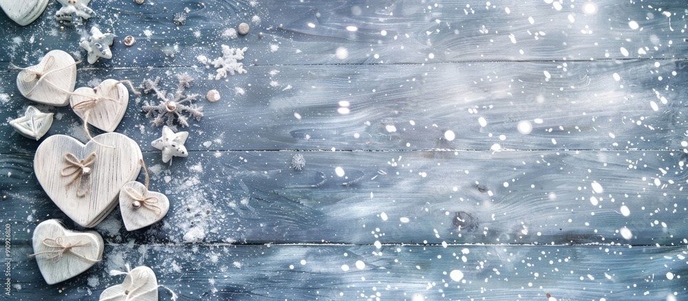 Aufkleber Festive greeting card with a snowfall effect features white wooden hearts snowflakes and ample copy space for an image in a Christmas and New Year theme