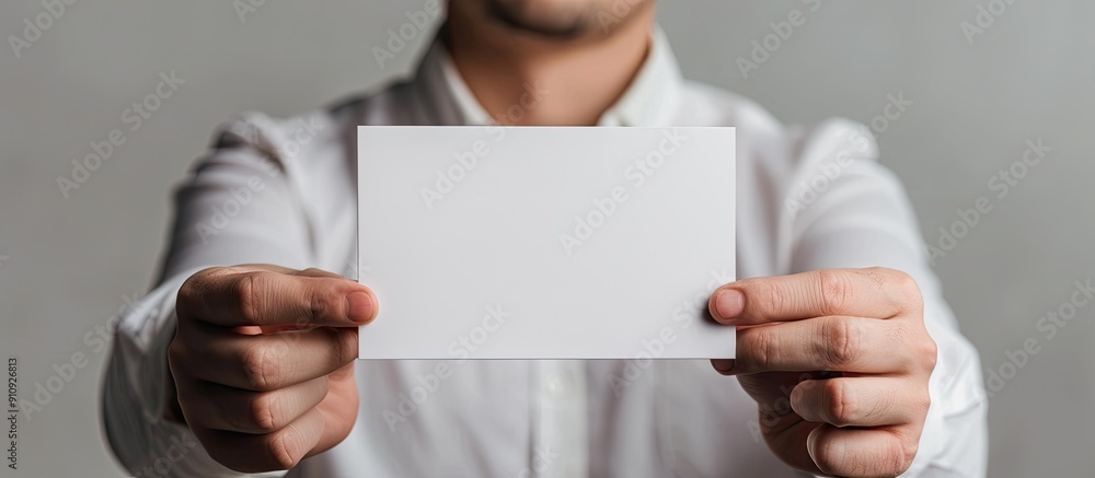 Aufkleber an employee holds up a blank business card for a mockup template against a neutral background with s
