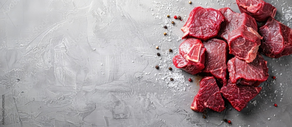Poster Fresh beef cuts arranged on a grey table creating a flat lay composition with a designated copy space image