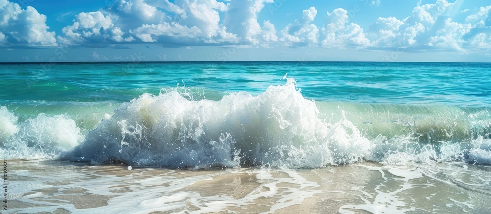 Poster scenic ocean view with a wave breaking perfect as a copy space image