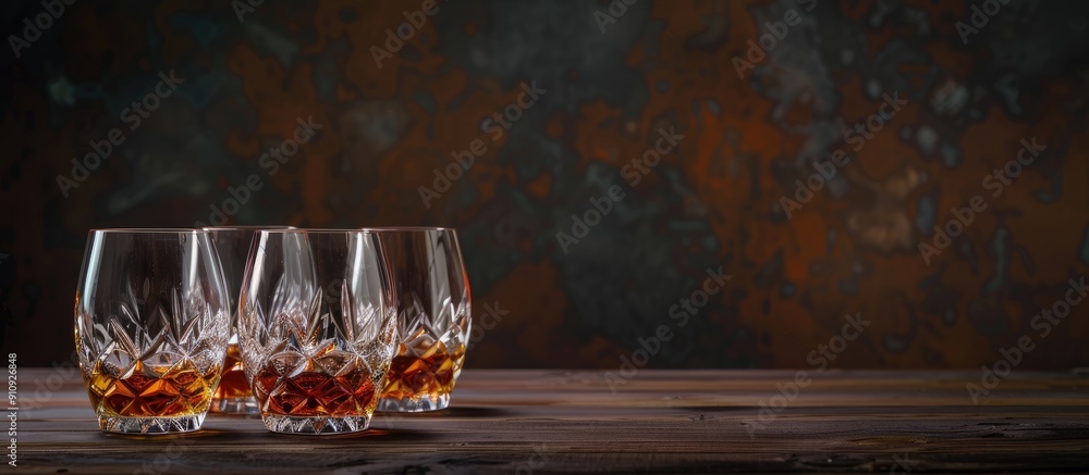 Poster Whiskey glasses arranged on a dark table with copy space image