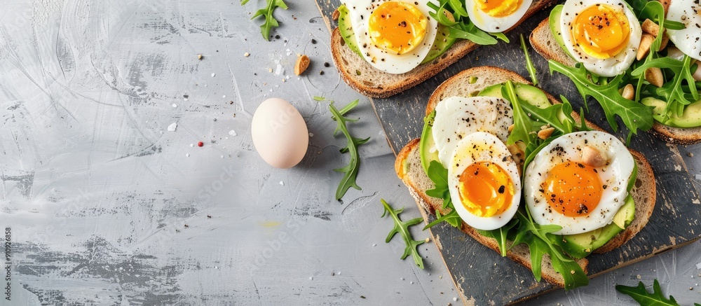 Poster sandwiches with avocado arugula boiled eggs mozzarella cheese on toast on gray wood background with 