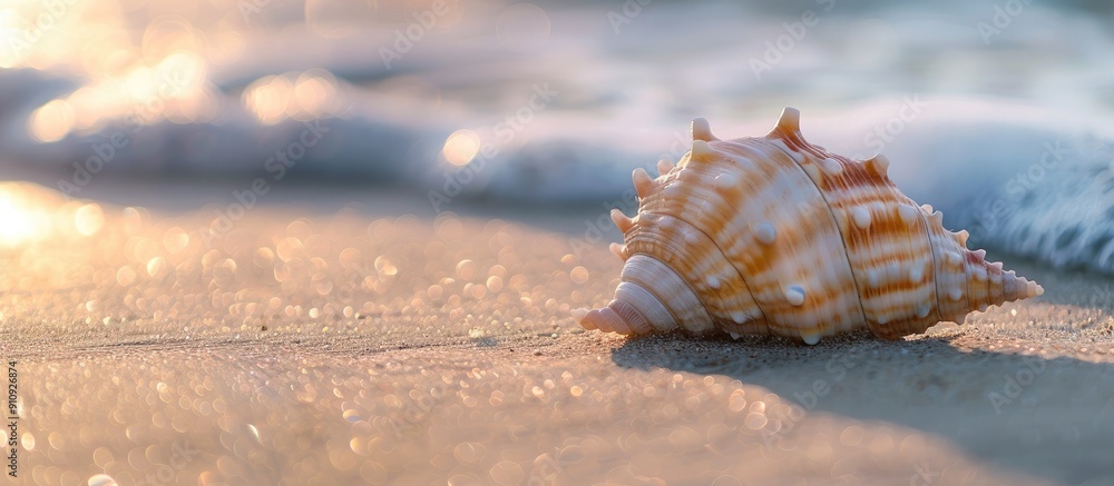 Poster seashell on sandy beach with copy space image