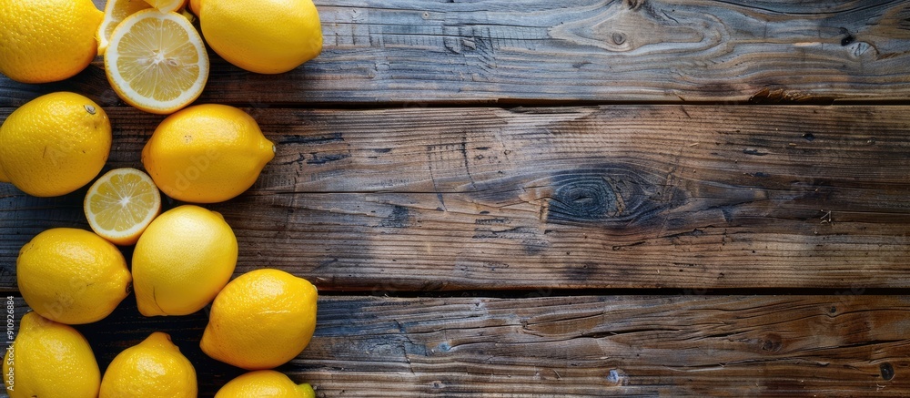 Poster Lemons arranged on a wooden surface with a wood background creating a rustic copy space image