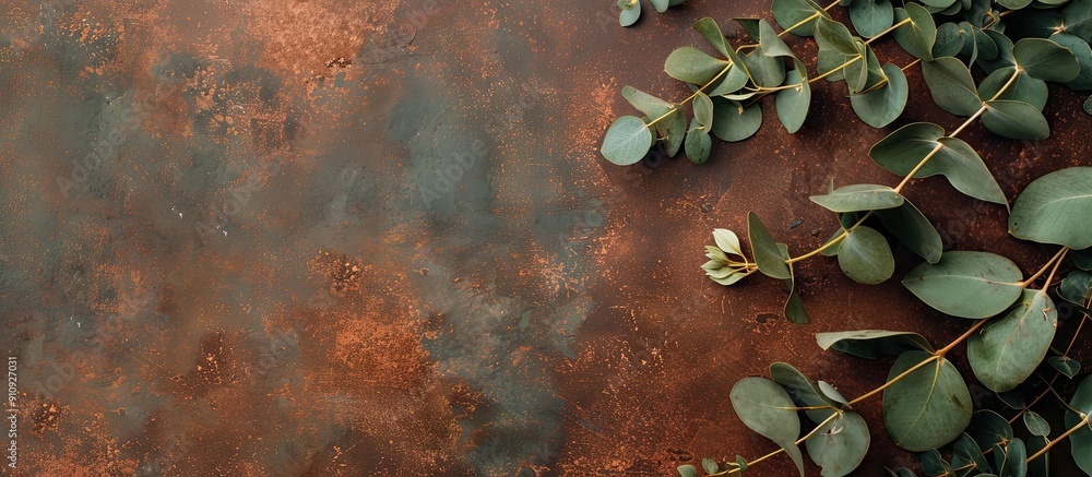 Sticker A banner with copy space is placed on a textured brown table decorated with fresh eucalyptus branches