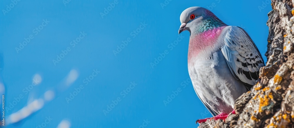 Poster pigeon perches on a tree gazing downward with a cute demeanor against a blue sky backdrop allowing f