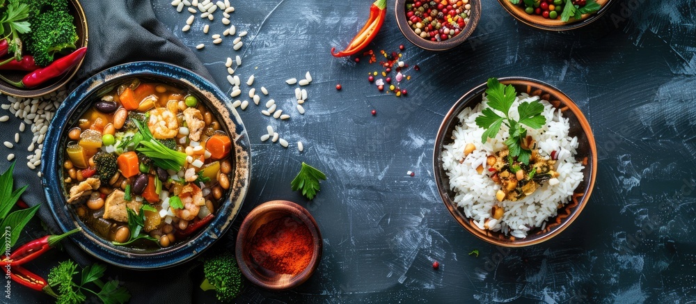 Poster A top view image of a rustic meal containing rice beans and vegetables on a table with copy space suitable for keto paleo vegan or vegetarian diets