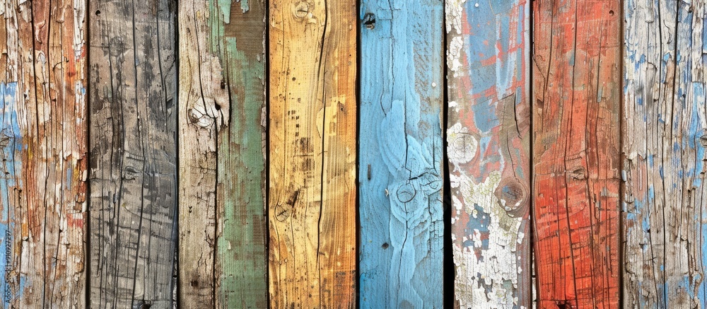 Aufkleber A weathered multi colored wooden fence with an aged cracked surface against a rustic background ideal for a copy space image