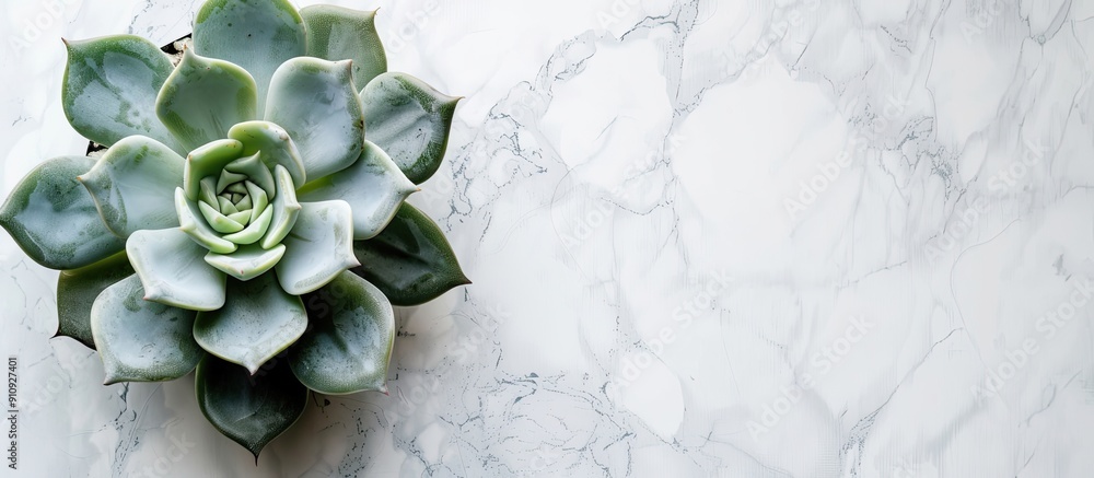 Aufkleber Top view of a small succulent plant on a marble table with a white background creating a pleasing copy space image