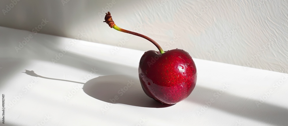 Poster a fresh and ripe cherry with its stem on a white background in bright sunlight providing a beautiful