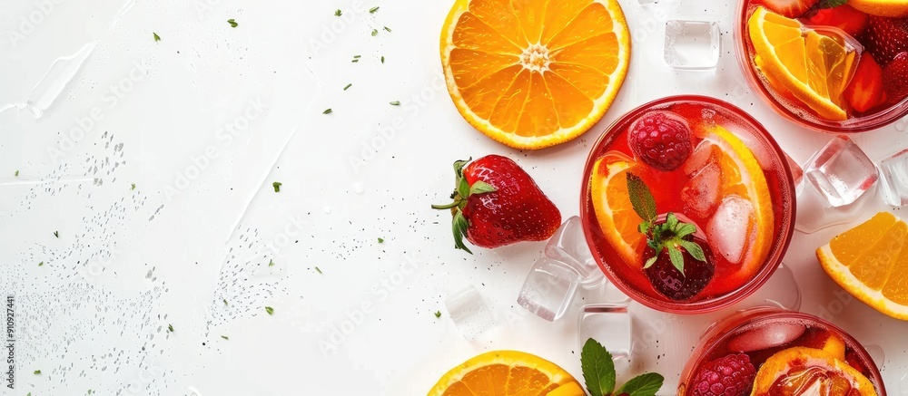 Poster a white background showcases a vibrant sangria with fresh oranges and strawberries in a copy space i
