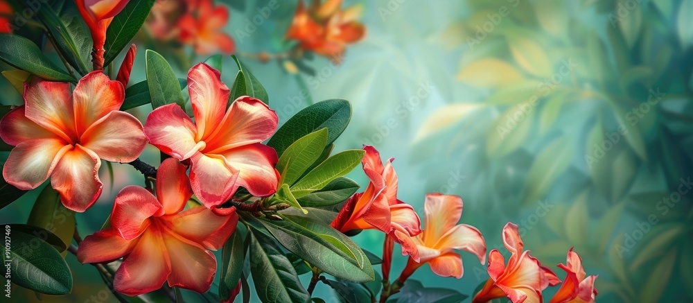 Poster tropical design featuring an adenium or desert rose impala lily and mock azalea flower against a gar