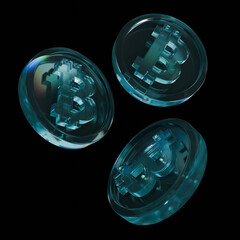 3d glass coins rendering dispersion bitcoins set	