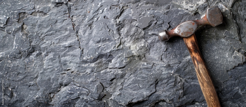 Poster gray stone background with hammer and nails offering copy space image