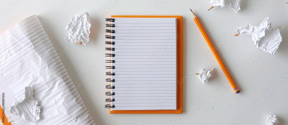 Poster a striped notebook with orange pages a sharp pencil and crumpled papers beside it on a white backdro