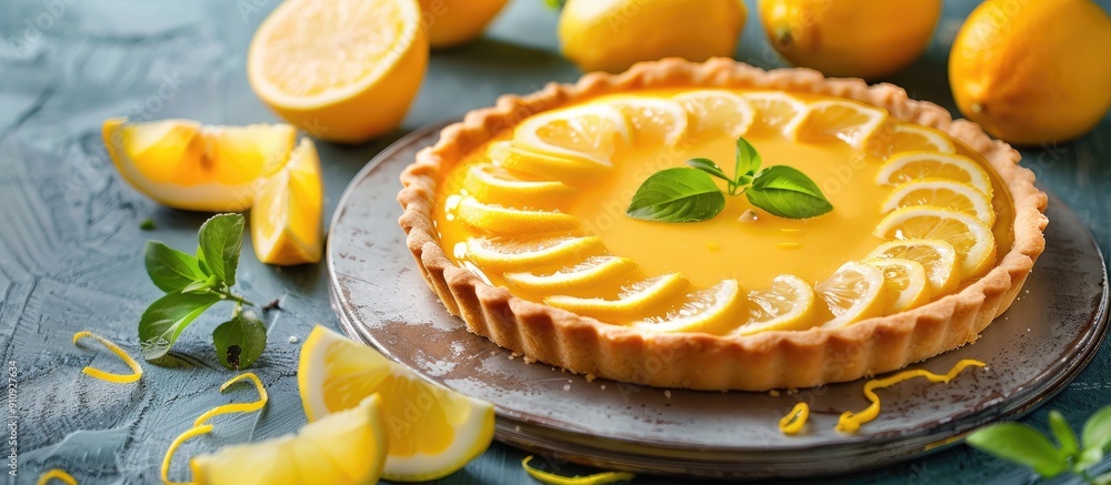 Aufkleber traditional french lemon tart dessert with lemon curd on a table with citrus fruits creating a delic