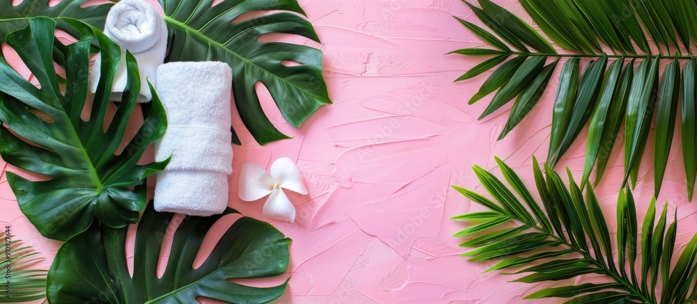 Aufkleber tropical themed spa set arrangement with monstera leaves on a pink backdrop in a top down view ideal