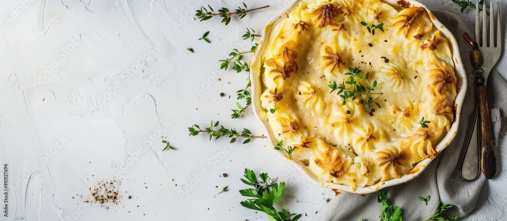 Poster English fish pie displayed on a light background with available copy space image