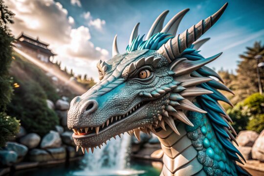 A blue dragon with a large mouth and long blue tail