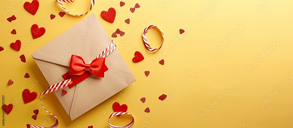 Fototapete top view mockup of a yellow background for valentine s day featuring a gift postcard in an envelope 
