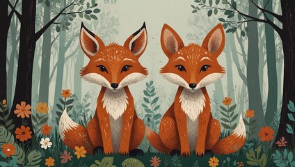 Fototapeta premium An illustrated scene of two cute foxes sitting side by side in a whimsical forest, surrounded by colorful flowers and lush foliage