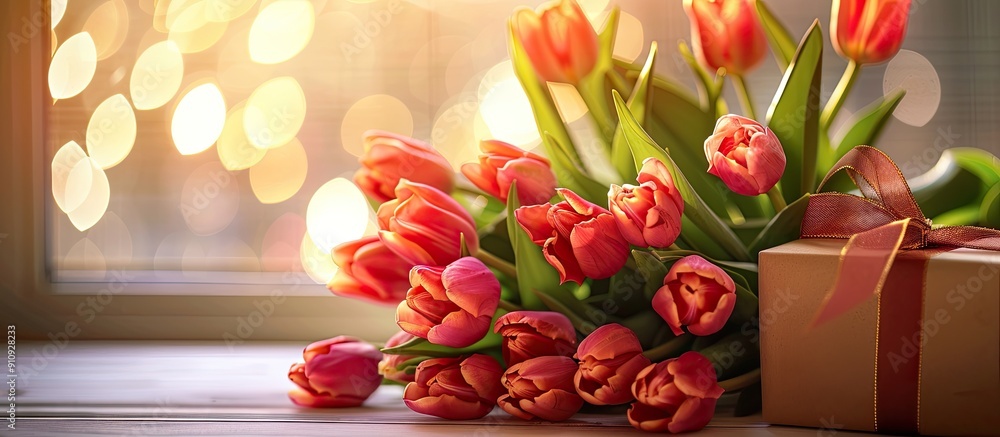 Poster A Mother s Day greeting card with tulips and a gift displayed on a table accompanied by copy space for adding personalized text