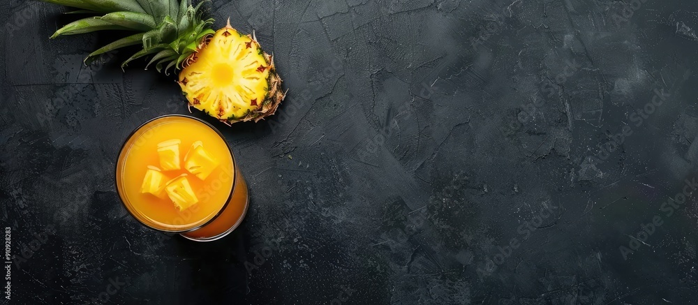 Poster top view copy space image of fresh pineapple juice in a glass with pineapple on black background