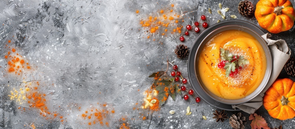 Poster thanksgiving day themed rustic flat lay image featuring a vegetarian pumpkin soup puree and souffle 