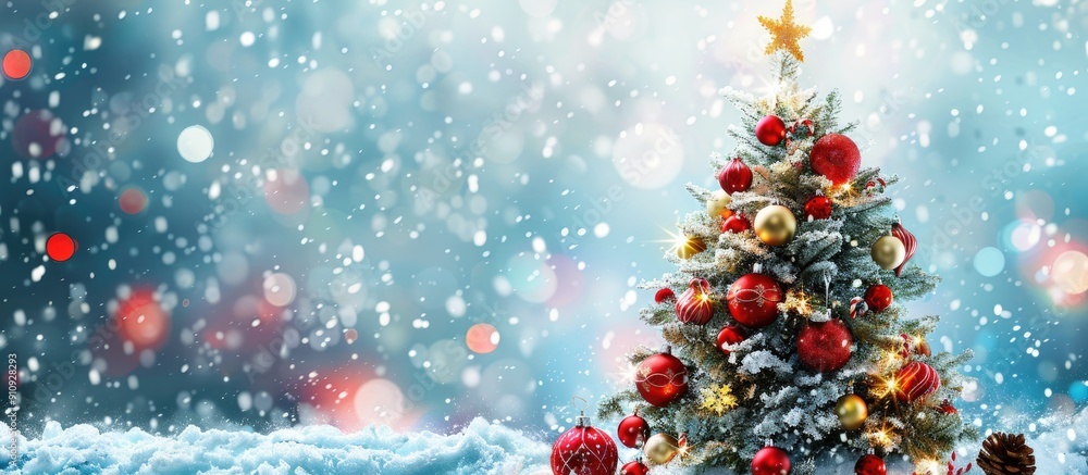 Poster a festive christmas scene with a decorated tree holiday ornaments and a snowy backdrop ideal for a c