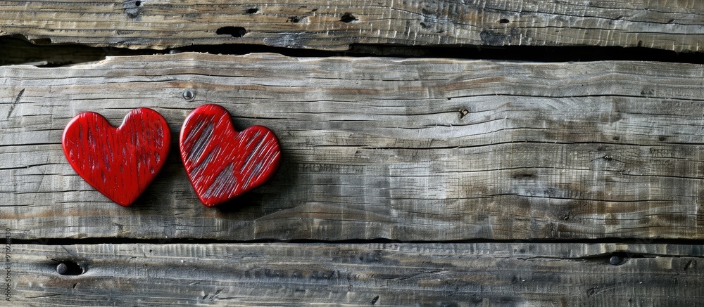 Poster a wooden background hosts two red hearts for valentine s day providing a copy space image