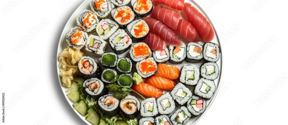 Poster Mockup for a sushi and rolls restaurant logo with a copy space image featuring a Japanese food platter in a circular design isolated on a white background in a top view