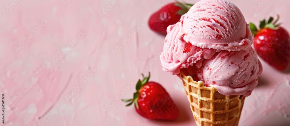 Aufkleber Scoop of strawberry ice cream in a crispy waffle cone with a delightful copy space image