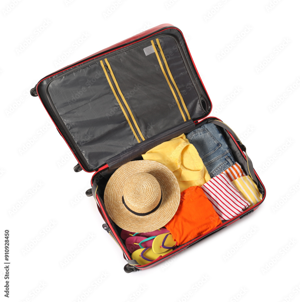 Canvas Prints Open suitcase with clothes packed for travelling isolated on white, top view