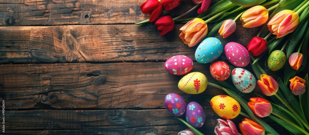 Leinwandbilder top view of vibrant easter eggs and tulips on a rustic brown wooden surface with ample copy space im