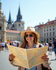 A cheerful tourist in a summer hat and sunglasses, holding an open map while standing in a busy city square, enjoying a sunny day of sightseeing.