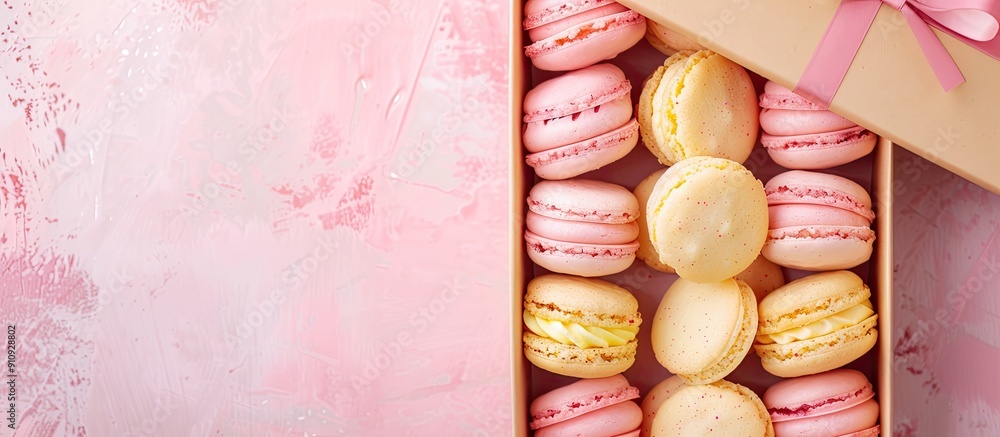Aufkleber a row of pastel pink and yellow almond cookies in a gift box captured in a close up top view on a br