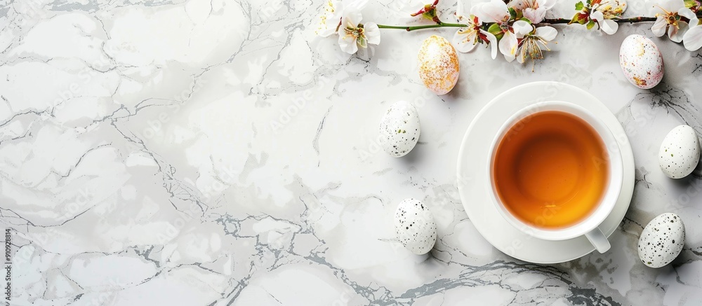 Aufkleber easter themed mock up featuring a teacup flowers and marble background with copy space image