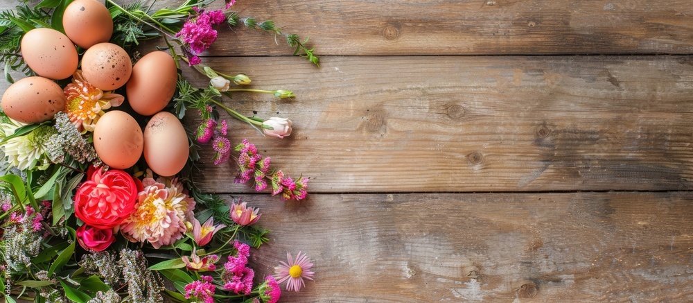 Poster easter themed arrangement of flowers and chicken eggs on a wooden background with copy space image a