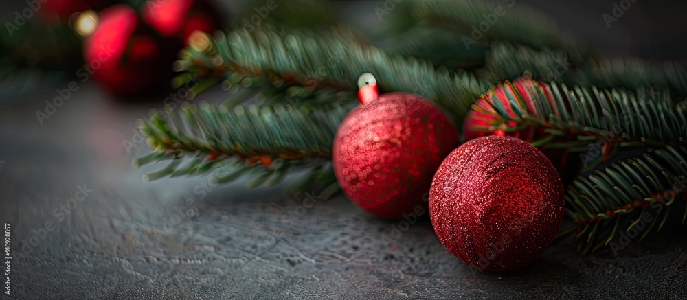Poster red christmas balls green fir twig on dark gray backdrop suitable for cards with blank space for ima