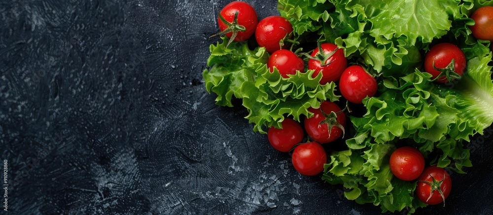 Poster Overhead view of fresh cherry tomatoes and lettuce symbolizing nutritional benefits with space for text or images. Creative banner. Copyspace image