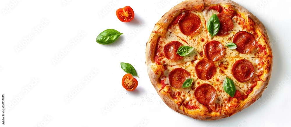 Aufkleber top view of a margherita pizza with copy space image presented on a white background