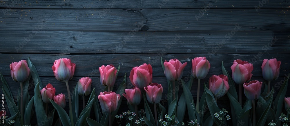 Aufkleber pink tulips displayed on a dark wooden backdrop with copy space image