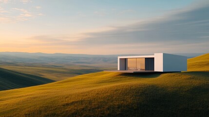 Obraz premium A modern, minimalist cabin with a simple geometric design, located on a grassy hillside overlooking a vast valley.