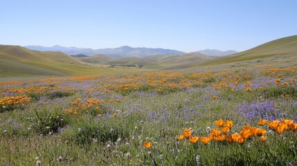 Obraz premium Tranquil Scene of Rolling Hills and Distant Mountains Under Clear Sky, Lush Greenery and Wildflowers Carpet the Landscape