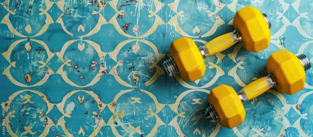 Aufkleber Dumbbell weights in yellow shade positioned against a backdrop of a blue pattern with ample copy space image included