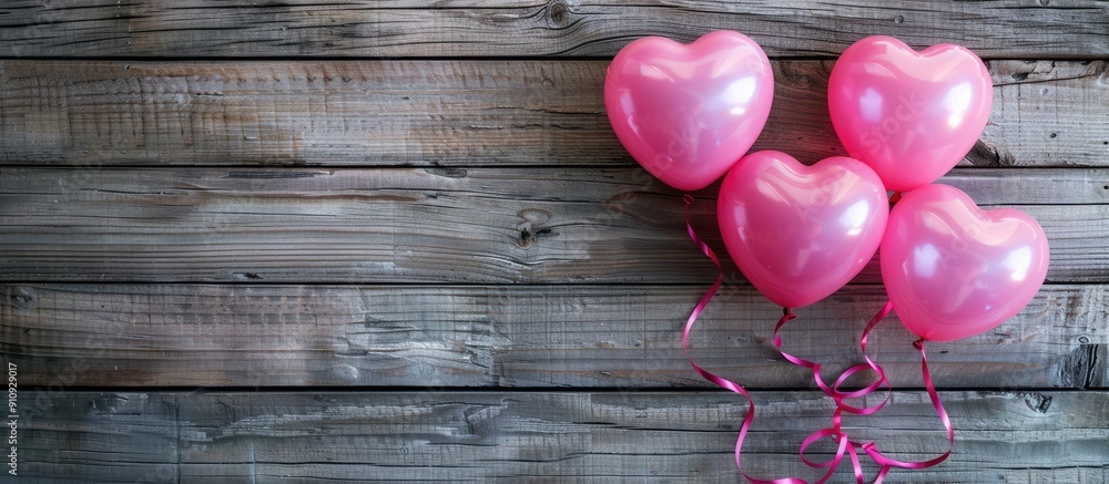 Poster heart shaped pink balloons on a wooden surface for display featuring copy space image
