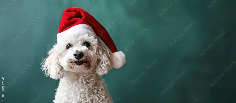 Poster White dog wearing a Santa hat on a green backdrop with room for text in the image. Creative banner. Copyspace image